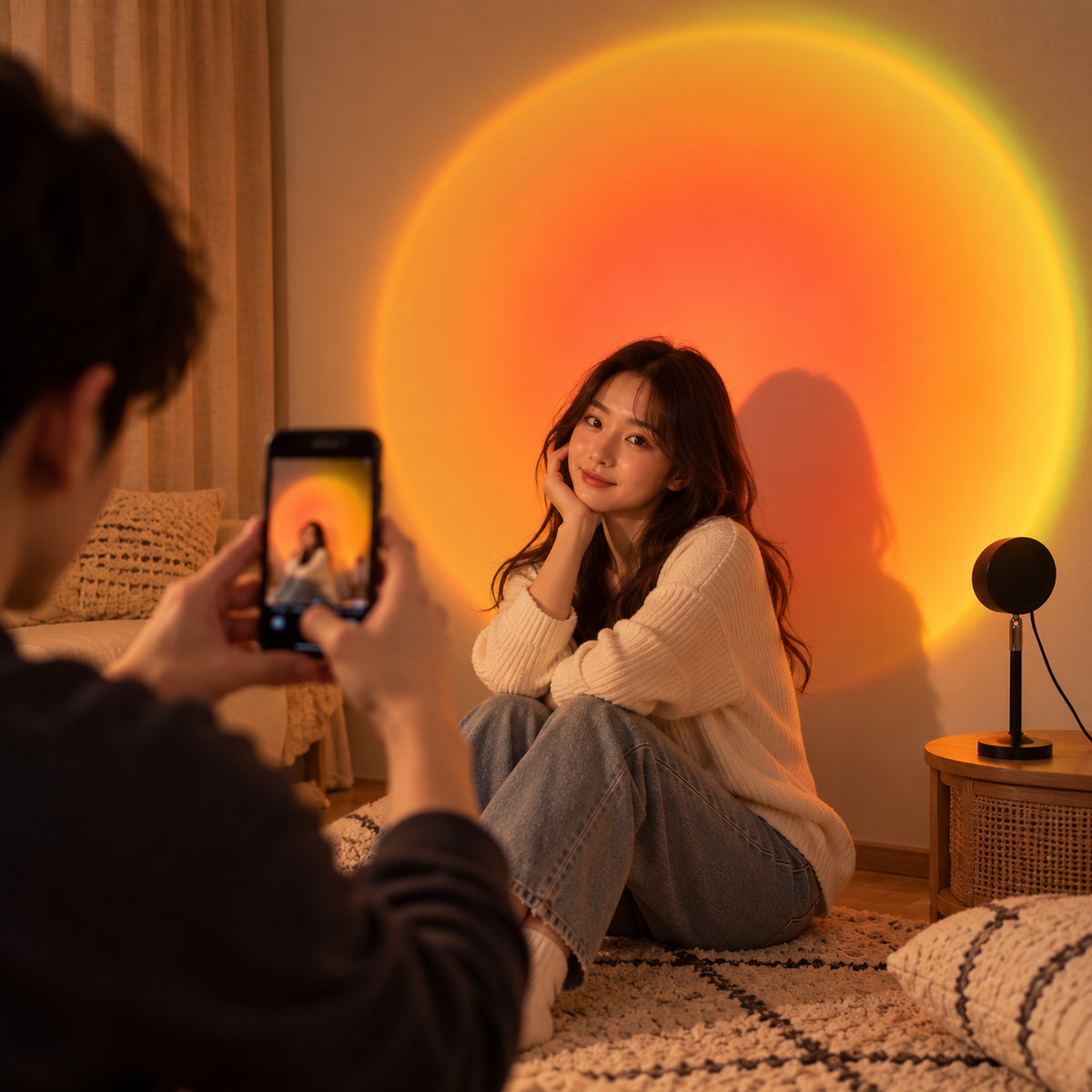 サンセットランプの光を背景にスマートフォンで人物を撮影する使用イメージ