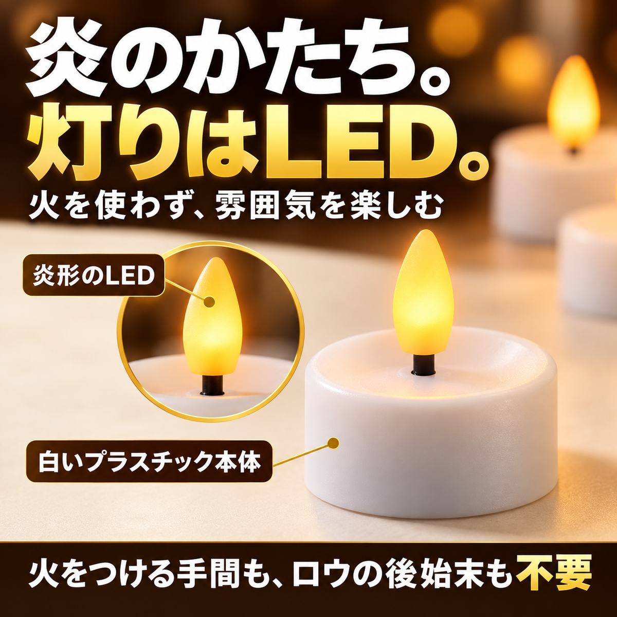 炎の形のLEDと白いプラスチック本体の説明
