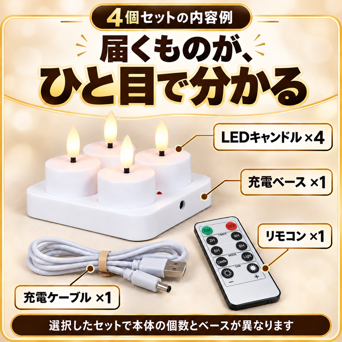 4個セットの内容例。本体、充電ベース、10ボタンリモコン、充電ケーブル