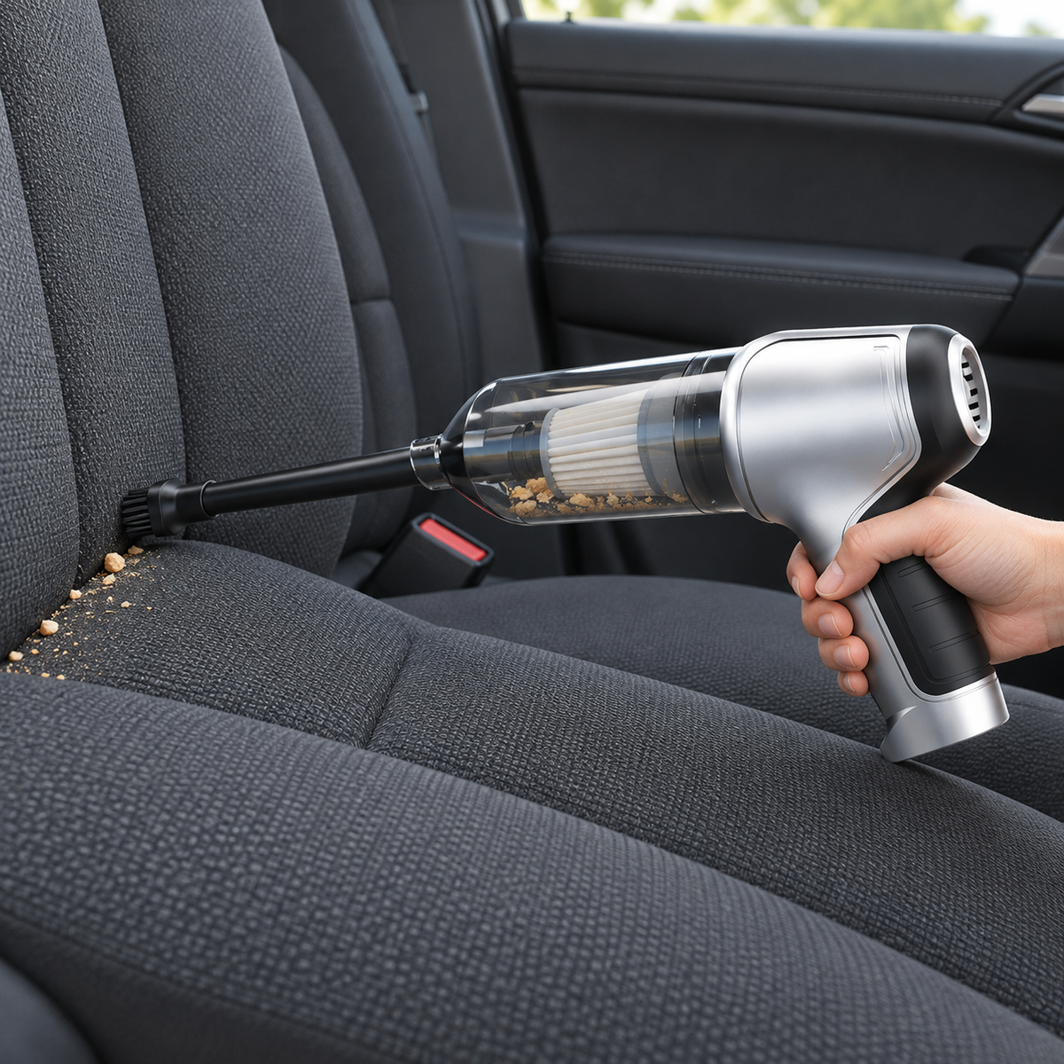 直線ノズルで車のシートのすき間を吸引掃除する使用イメージ